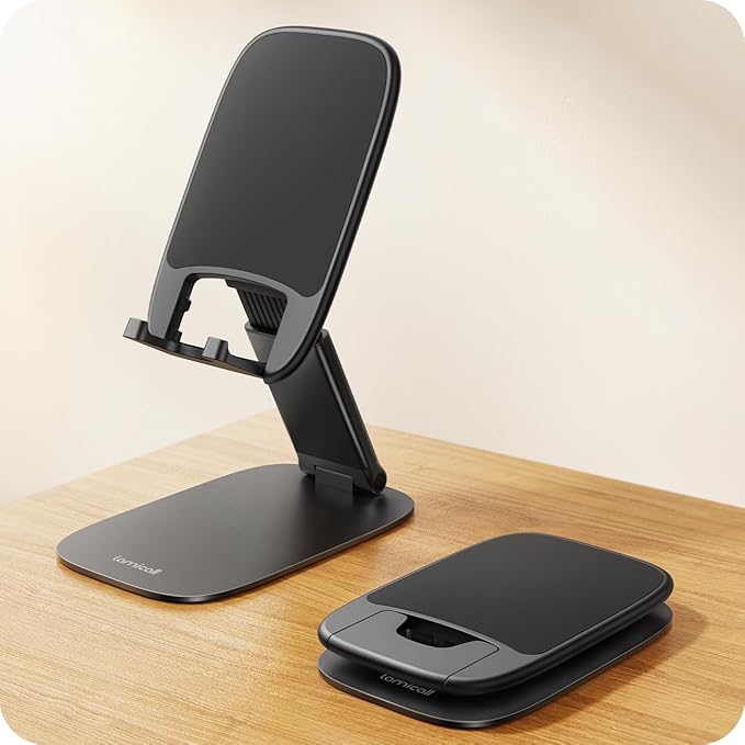 Lamicall Ultra-Thin Foldable Cell Phone Stand for Desk | 0.59" Slim Fold, Height & Angle Adjustable, Sturdy Metal Base, Thick Case Friendly for iPhone 17/16/15/14 Pro Max, Galaxy S26 by Lamicall