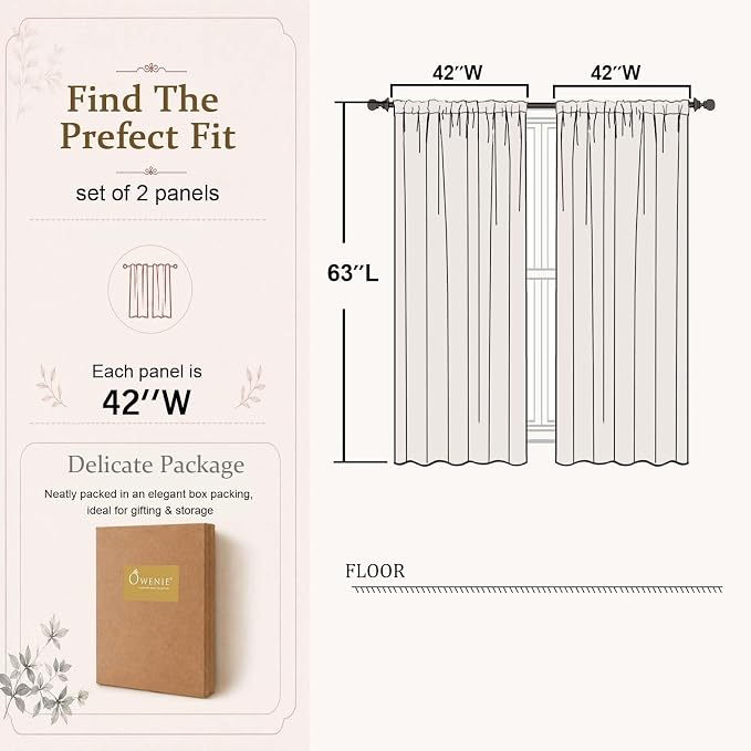 Ivory Sheer Curtains 63 Inch Length for Living Room 2 Panels Set | Light Filtering, Rod Pocket, Soft Airy Voile Sheer, Bedroom Window Treatments, Airy Soft Fabric,2 Pcs Each 42"W X 63"L - Image 4