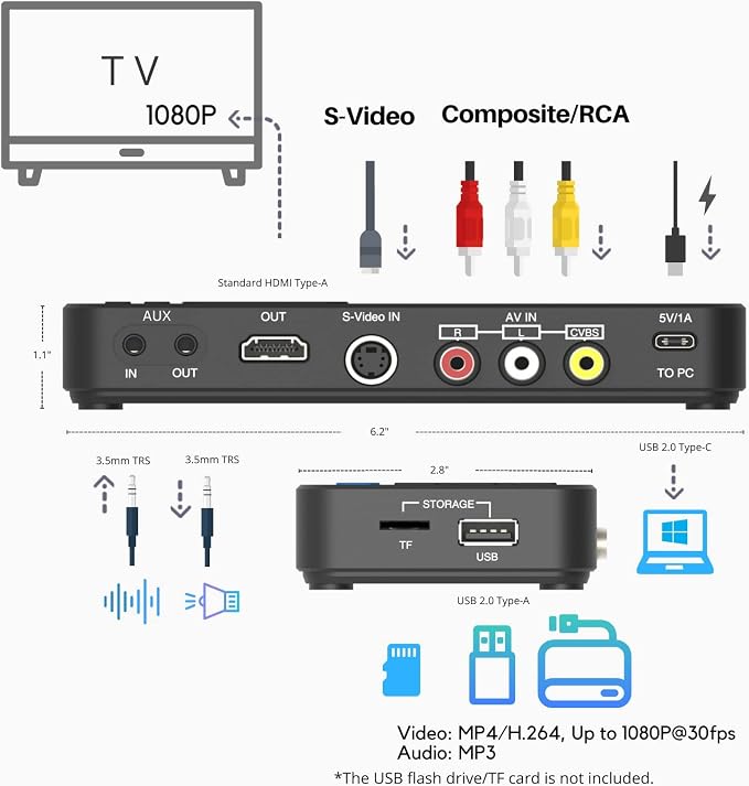 ViewLite AV, Portable Analog to Digital MP4/MP3 Video & Audio Converter with Remote. Capture CVBS/S-Video/RCA/Composite. VHS/Set-top TV Box/Retro Gaming/Hi8 Recorder. No PC Required. - Image 4