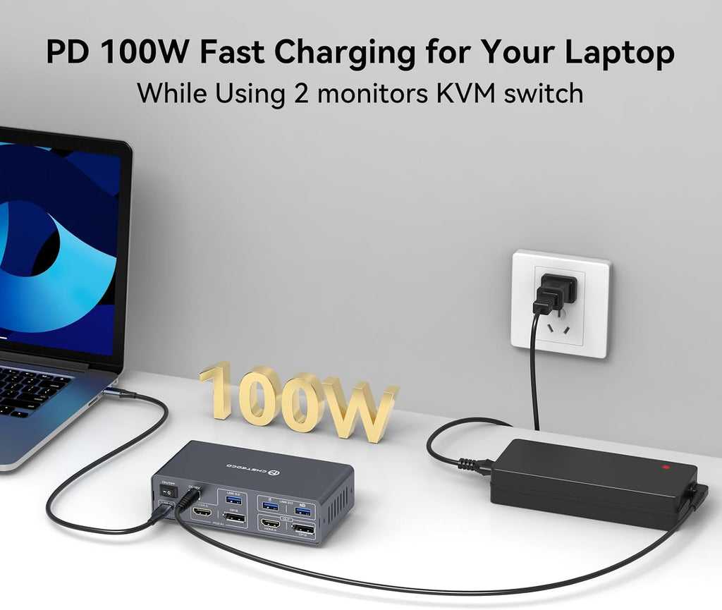 KVM Switch 2 Monitors 2 Computers Docking Station USB C + HDMI/DP Input with 100W PD, 4K60Hz/4K120Hz Displayport HDMI Dual Monitor for Laptop and Desktop Share 13-in-1 Dock Aluminum Case Plug and Play - Image 7