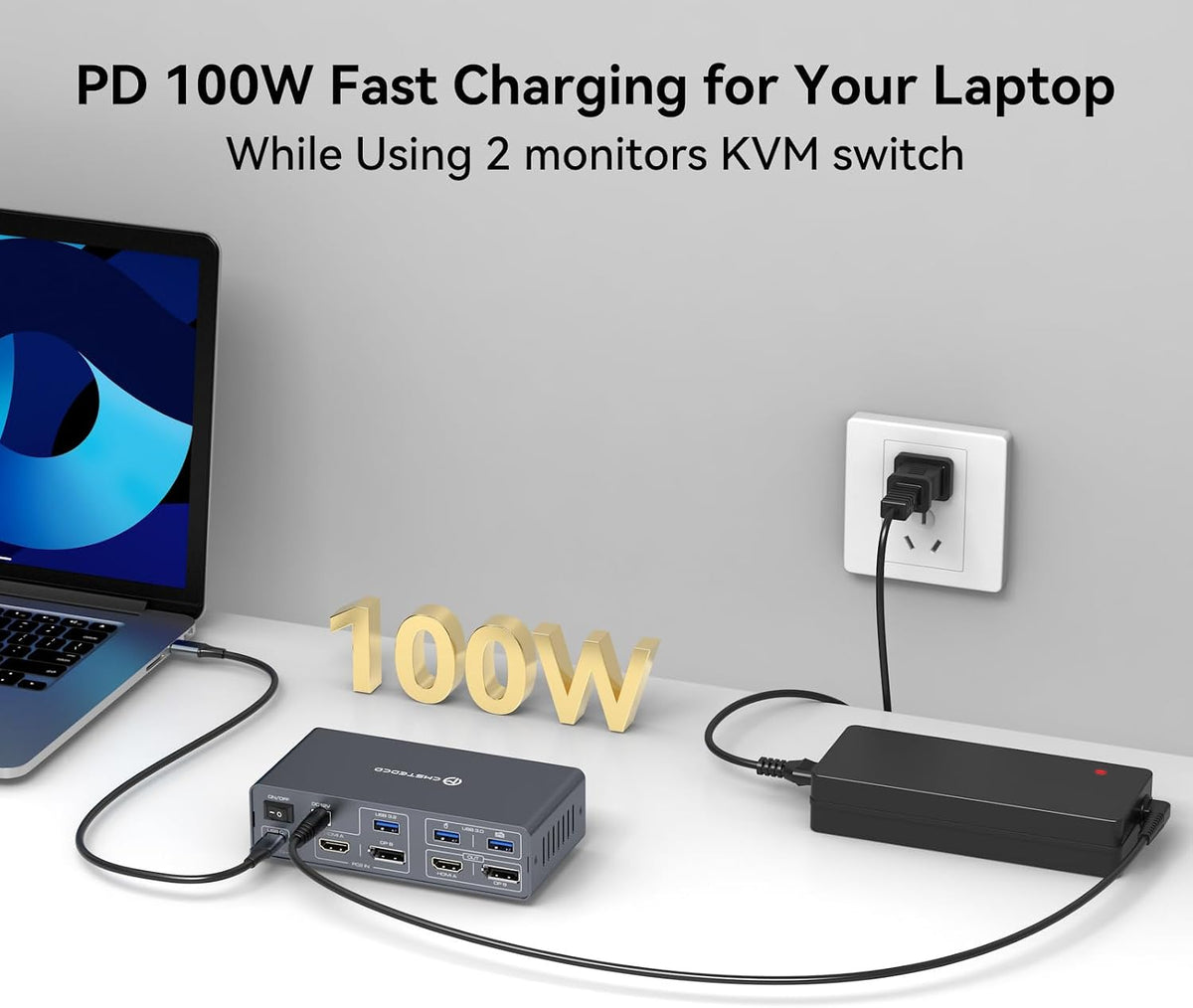 KVM Switch 2 Monitors 2 Computers Docking Station USB C + HDMI/DP Input with 100W PD, 4K60Hz/4K120Hz Displayport HDMI Dual Monitor for Laptop and Desktop Share 13-in-1 Dock Aluminum Case Plug and Play - Image 7