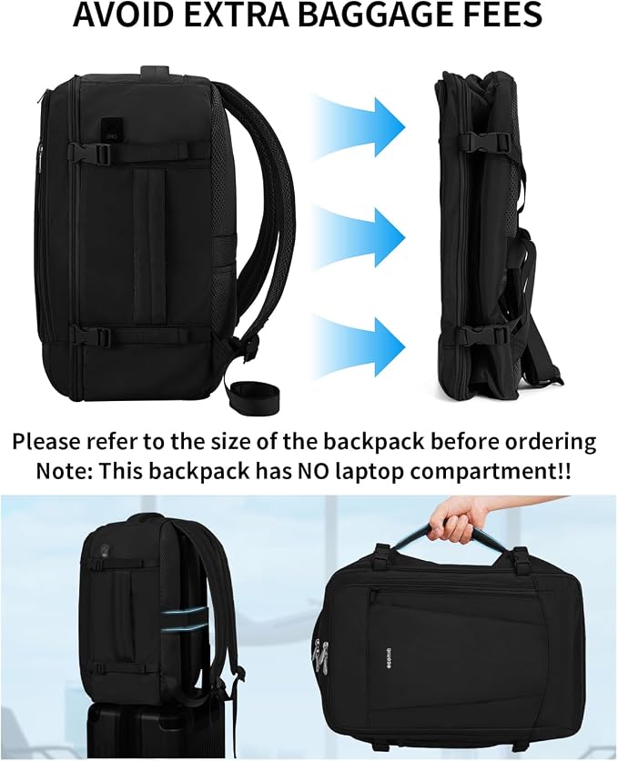ECOHUB 17inch Travel Backpack Personal Item Bag Carry On Bag Men Women, Black | 16.7"x10"x8" Small Backpack with 13 Pockets Water Resistant Carry on Backpack with USB Port Luggage Sleeve for Men - Image 6