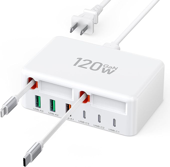 Upgraded 8-in-1 Retractable USB C Charger Block, 120W GaN Multi Charging Station Hub with Lightening & Type C Cable, Travel Essential USB C Power Strip Plug for iPhone 17 16 15 14 Pro Max iPad Galaxy by BREEKET