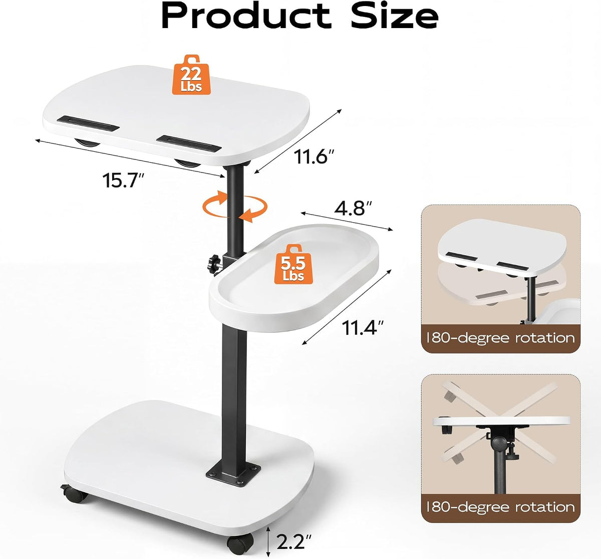 WLIVE C Shaped End Table Adjustable Height 360 Swivel TV Tray Rolling Cup - Image 2
