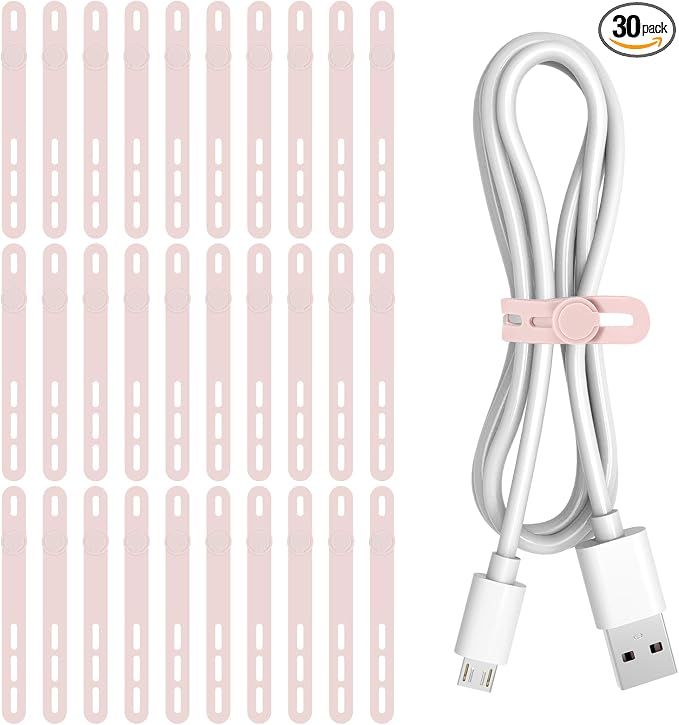 Donruby 30Pcs Silicone Cable Ties, Reusable Cord Organizer Straps, Pink | Adjustable, Multipurpose, 4.7" High-Elasticity Cord Wraps for Bundling Electronics, Home Office School Essentials by Donruby