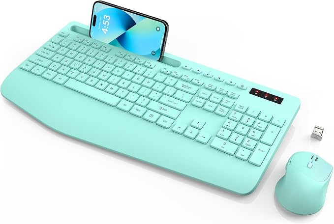 Wireless Keyboard and Mouse Combo, 2.4GHz, Ergonomic Wrist Rest | Full Size, 3-Level DPI, Phone Holder, Silent Typing, KM23D Batteries Powered Set for PC, Laptop, Windows, macOS (Mint Green) by SABLUTE