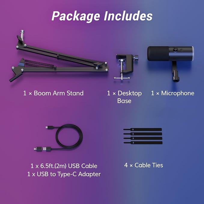 TONOR Dynamic Gaming Microphone XLR/USB Mic with AI Noise Cancellation | Boom Arm Set, RGB, Tap Mute, 3.5mm Jack, Gain Control, Microfono for Content Creators, Black, TD510 AIR S H+ - Image 9