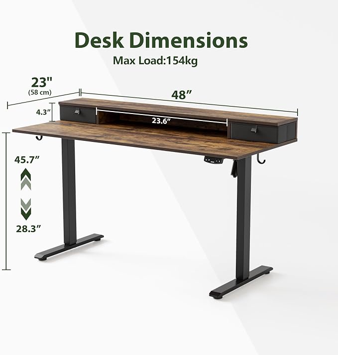 Agilestic 48 x 24 Inches Electric Standing Desk with 2 Storage Drawers, Adjustable Height Sit and Stand Computer Table with Splice Board, Dark Walnut | Electric Height Adjustable, 2 Storage Drawer, Monitor Stand, Sturdy Steel Frame, Memory Presets, Hoo... - Image 4