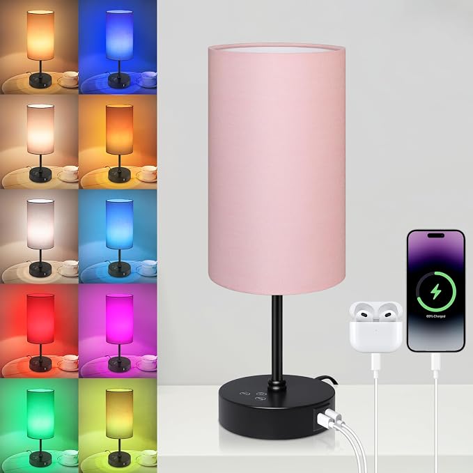 Table Lamp for Bedroom, 3 Color Temperatures, 7 RGB Colors, Adjustable Brightness, Dual USB Charging Ports, Ambience Nightstand Light with Pink Shade, Desk Lamp for Kids Reading Home Office by Unicozin