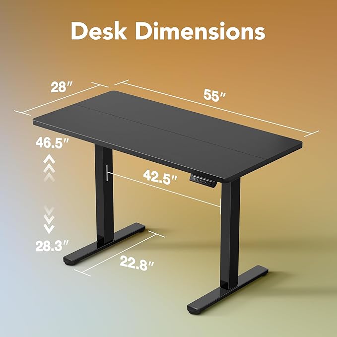 HUANUO 55x28 Inch Electric Standing Desk, Height Adjustable, Black | 176 Lbs Capacity, Smooth Home Office Desk, 4 Memory Presets & Headphone Hooks, 28.3–46.5 Inch Height Range, Easy to assemble - Image 3