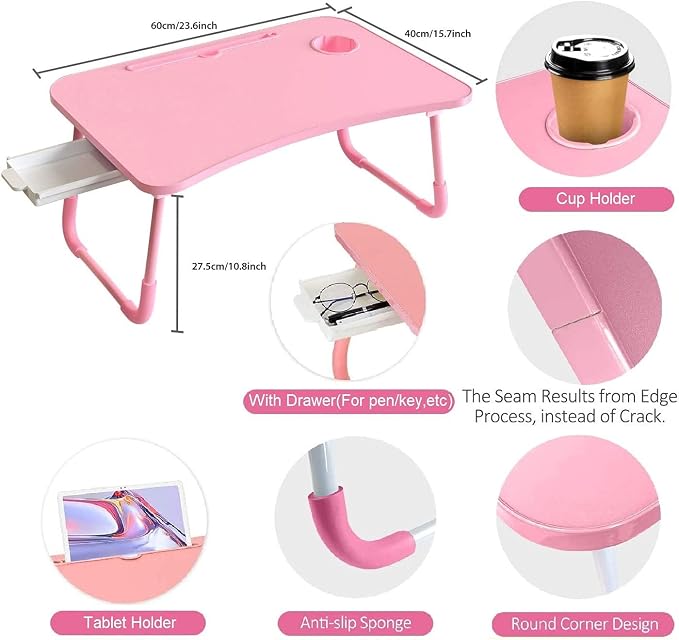 Laptop Desk Foldable Bed Table, Portable Lap Desk Laptop Bed Tray Table with Storage Drawer and Cup Holder, Lap TraysTables Notebook Stand Reading Desks Breakfast Tray for Beds Couch Sofa Floor – Pink - Image 5