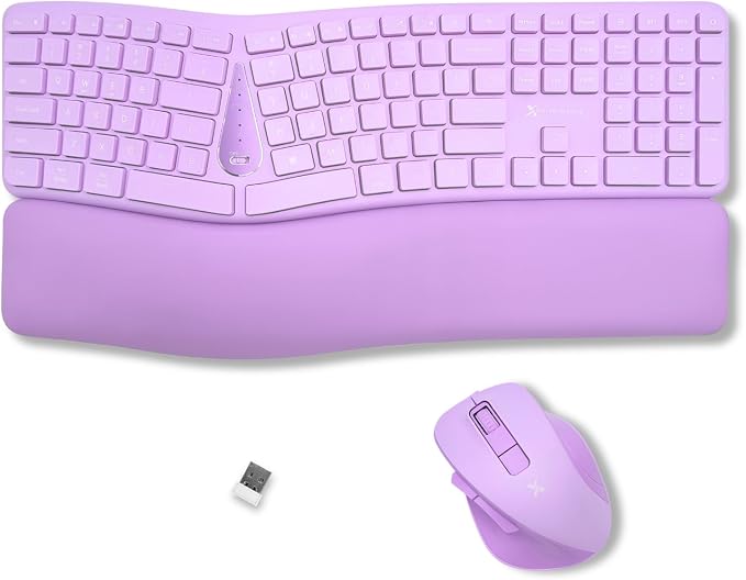 X9 Ergonomic Keyboard and Mouse Wireless Combo - Purple Keyboard and Mouse Wireless, Bluetooth/2.4G Split, Wrist Rest, Rechargeable, Silent Ergo Keys - PC, Mac, iOS, Android by X9Performance