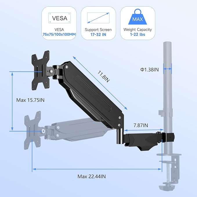 Pholiten Single Monitor Arm, Gas Type, Double Articulated | 35MM Pole Mount, Supports 13-32 Inches, Load Capacity 22.0 lbs, VESA 75-100mm - Image 2