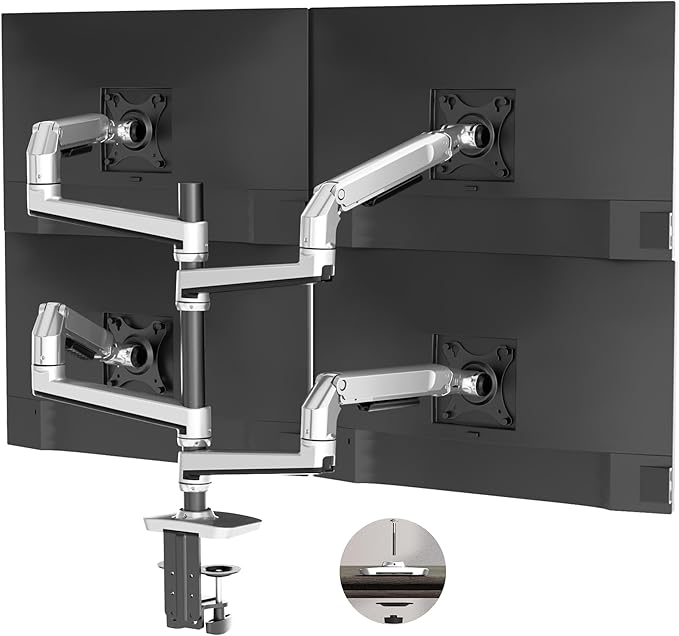 Heavy Duty Quad Monitor Mount Desk Stand, Mechanical Spring 4 Monitor Arm Fits Four 13-40 Inch Screens up to 25 lbs Each, Fully Motion VESA Mount Base (C-Clamp/Grommet), Premium Aluminum, Silver by Ergounion