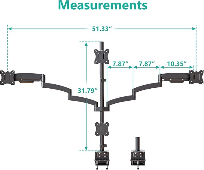 WALI Stacked 4 Monitor Mount for 13-27 inch Screens, 19.8 lbs per Arm | Tall Quad Monitor Stand for Desk, Full Motion with Tilt, Swivel, C-Clamp & Grommet Base, VESA 75/100mm (GSDM004S), Black - Image 6