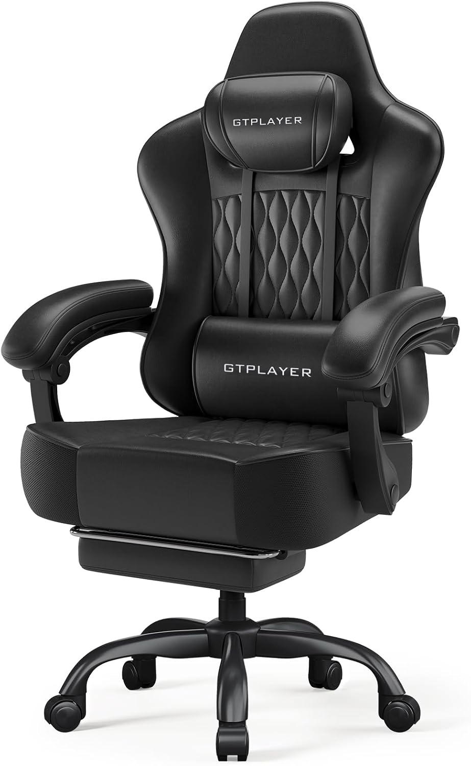 GTPLAYER Big and Tall Gaming Chair with Footrest, Ergonomic Office Desk Chair with 4.4in Thick Cushion and Wide Wingless Seat, Comfortable Leather Computer Chair, Predator Series, Phantom Black by GTPLAYER