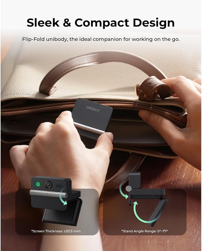 OBSBOT Meet Flip 4K Webcam for Laptop, Foldable Web Cam 1/2" CMOS Sensor | AI Framing PDAF Autofocus Dual Mic Gesture Control AI Notes HDR Beauty Mode Web Cam for Mac, PC, Zoom, Teams Meeting - Image 2