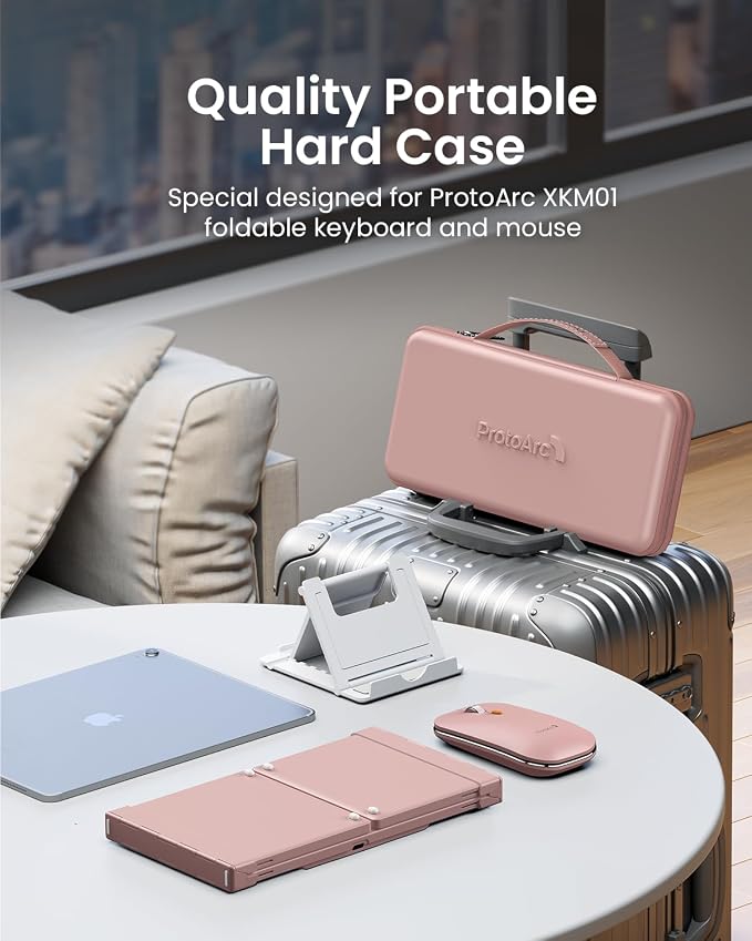 ProtoArc XKM01 Full-Size Foldable Keyboard Mouse Combo for Travel - Pink | 105-key keyboard, slim mouse, hard case and phone stand; 3-device Bluetooth & 2.4G switching, for travel office use - Image 3