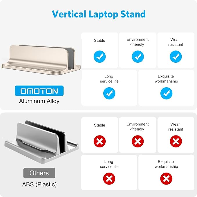 OMOTON Vertical Laptop Stand Holder, Adjustable Dock for MacBook, Starlight | Aluminum Stand for MacBook Stand, Fits Chromebook & Gaming Laptops up to 17.3 in, Office Desk Organization, Space-Saving - Image 2