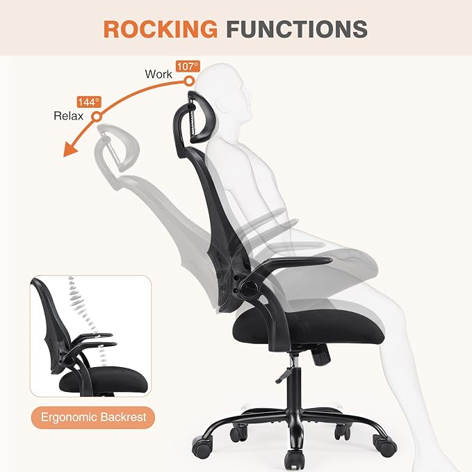 Sweetcrispy Computer Desk Chair, Mesh Office Chair with Lumbar Support | Ergonomic High-Back, Rolling Work, Adjustable Headrests, Flip-up Arms, Home Bedroom Study, Black - Image 5