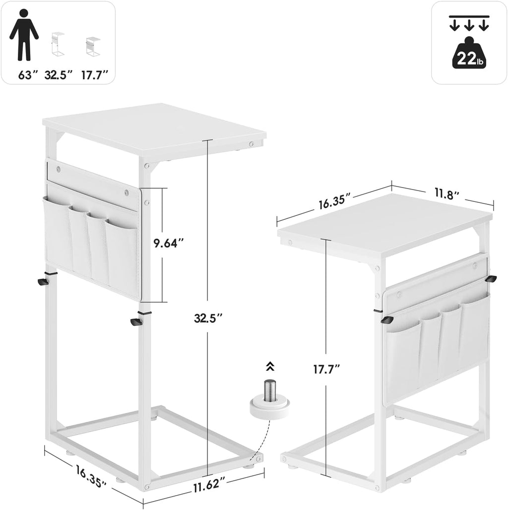 C Shaped End Table, 33" Tall Side Table for Couch, Adjustable Height Small Couch Side Table for Small Spaces, C Table End Table Slide Under Sofa Table TV Tray for Living Room Bedroom, White - Image 2
