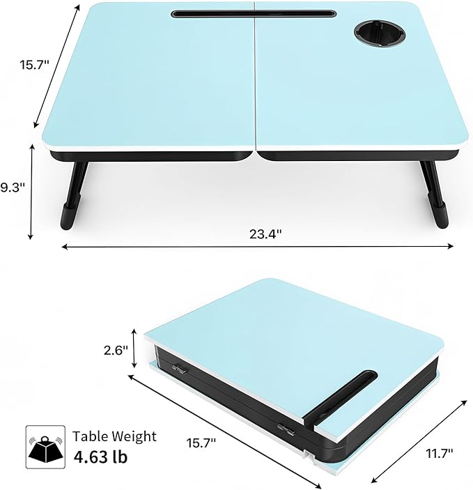 BUYIFY 23.4" Foldable Lap Desk Bed Table with Cup Holder Tray Blue | Portable Folds Flat for Easy Storage, No Assembly Laptop Bed Desk, Sturdy and Lightweight, Patent Design - Image 2