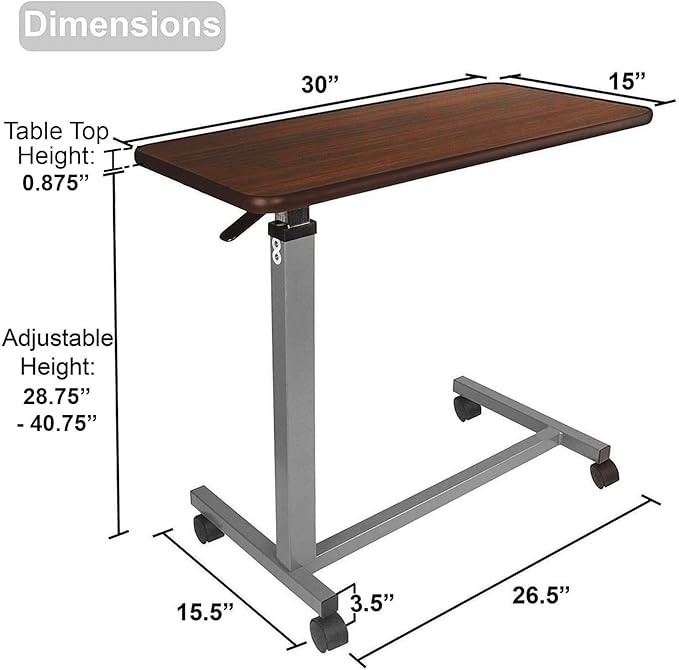 Vaunn Medical Cart Adjustable Overbed Table with Wheels – Rolling Bedside Table for Hospital, Portable Standing Cart & Laptop Desk for Bed, Couch, Wheelchair - Image 3
