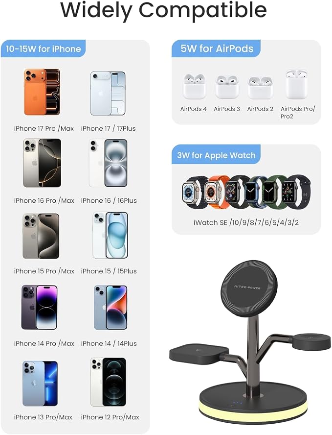 Wireless Charger, 3 in 1 Magnetic Charging Station for Apple Device | Fast Charging Tree-Shaped Stand with 20W Adapter, Qi-Certified Charger for iPhone 12-17 Series, Apple Watch, AirPods - Image 2
