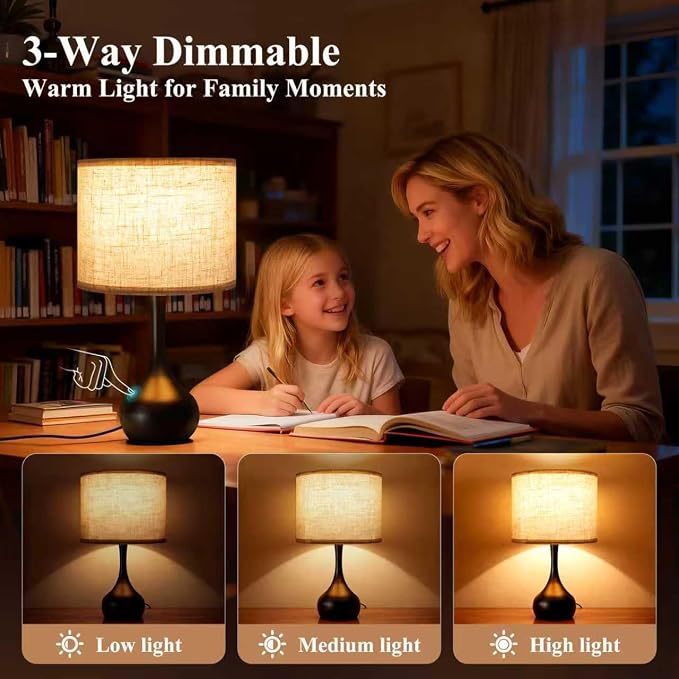 ONEWISH Touch Bedside Lamp for Bedroom, 3-Way Dimmable Table Lamps for Nightstand with Cylindrical Fabric Shade, Desk Lamp for Living Room, End Tables, Home Office - Image 2