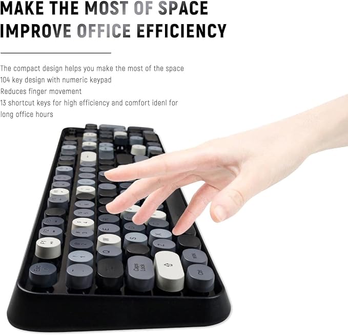 Clicky Wireless Keyboard and Mouse Combo,Retro Typewriter Style,Black Gray | Bubble Round Keys,Dark Grey Floating Keys for Long Nails,2.4GHz USB Receiver,Full Size with Number Pad for PC Laptop Desktop - Image 4