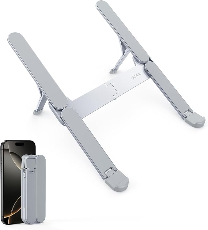 Ultra Compact Foldable Laptop Stand - Portable Laptop Holder for Desk & Travel Use, Ergonomic Aluminum Computer Holder with Adjustable Height for MacBook, Tablet 10-16" (Light Gray, Bi-Fold) by SODI
