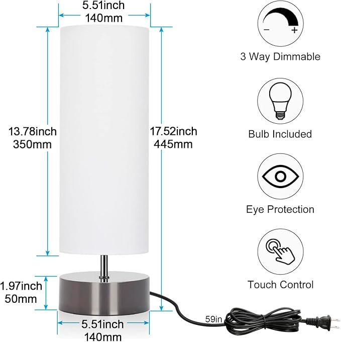 Touch Table Lamp, 3-Way Dimmable Bedside Lamp with Cylinder Fabric Shade | Modern Minimalist Accent Nightstand Desk Lamp, Night Light for Bedroom Living Room Kitchen, LED Bulb Included - Image 2
