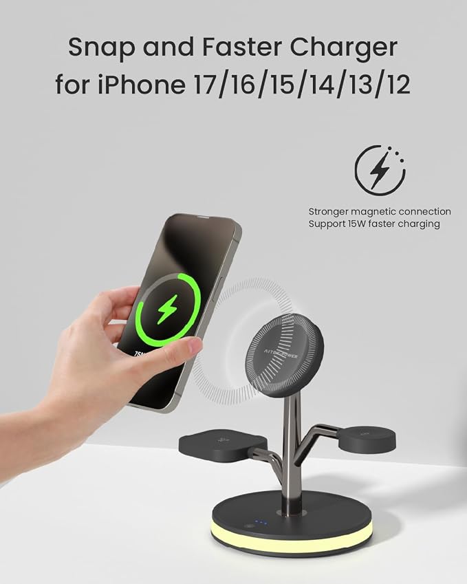 Wireless Charger, 3 in 1 Magnetic Charging Station for Apple Device | Fast Charging Tree-Shaped Stand with 20W Adapter, Qi-Certified Charger for iPhone 12-17 Series, Apple Watch, AirPods - Image 8