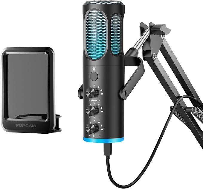 PUPGSIS Gaming Microphone for PC, USB Condenser Mic for PS4/5 and Mac, Noise Cancellation Computer Mic with Mute, Reverb, Adjustable Boom Arm, Pop Filter for Streaming/Podcasting/Recording/YouTube by PUPGSIS