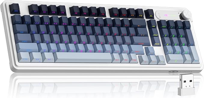 MageGee GK960 Wireless Keyboard, 98 Keys Tri-Mode BT/2.4G/Wired Membrane Gaming Keyboard, RGB Creamy Keyboard with Number Pad, Knob Control, Side Printed Keycaps, 4000mAh Battery - Black & Blue by MageGee