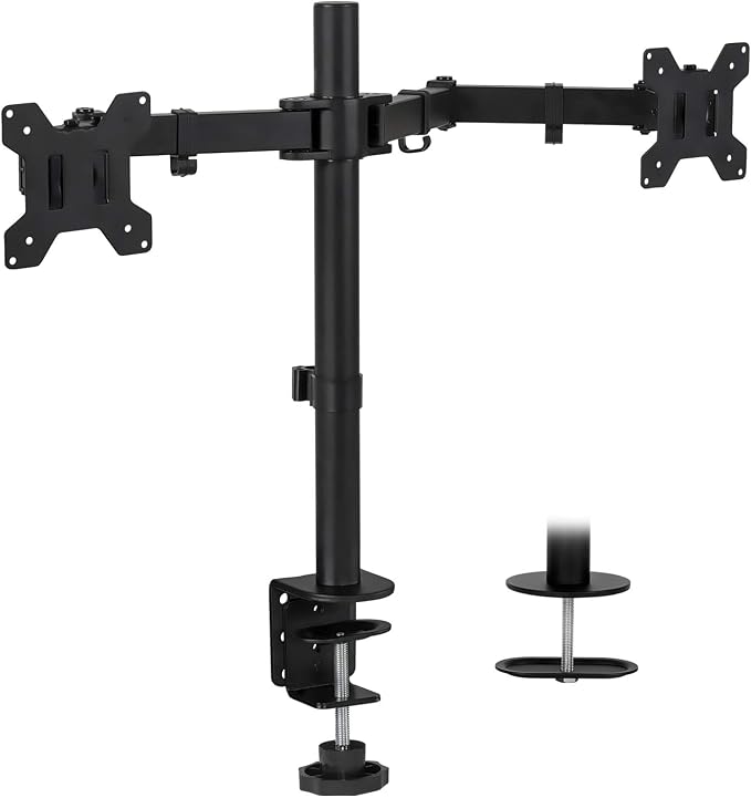Mount-It! Dual Monitor Desk Stand, 19-32" Screens | Two heavy-duty height-adjustable arms with interchangeable C-clamp/grommet base, VESA 75/100 compatible. - Image 2