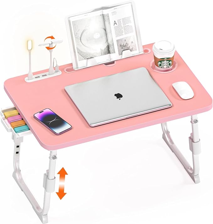 Lap Desk for Bed Adjustable Height with USB Port 23.6" x15.7" Desktop | Storage Drawer, Bookshelf, Fits 17" Laptop, For couch WFH Study, Foldable Non-Slip No Assembly Sturdy Lightweight Pink by PlayimaginationtodecorateHomeOffice