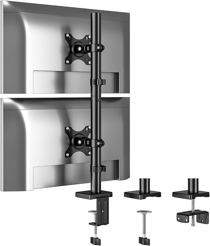 5Rcom Vertical Dual Monitor Mount, Stacked Monitor Stand for 2 Monitors with Height Adjustment, Computer Monitor Arm Supports Two 17 to 35 Inch with C Clamp & Grommet Desk Mount, Each Hold up to 27lbs by 5Rcom