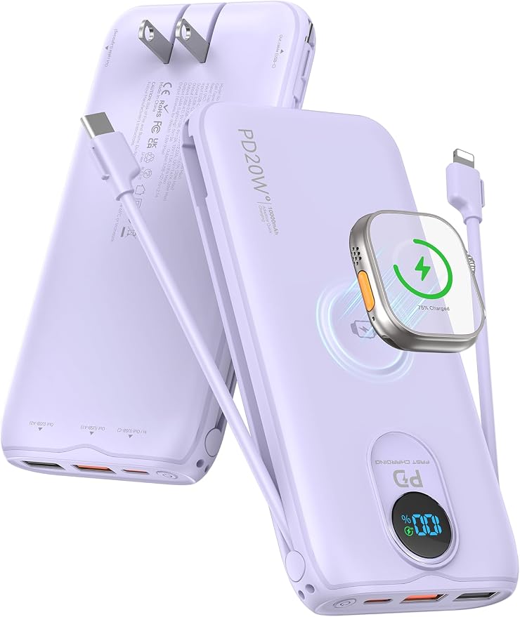 Portable Charger Power Bank 10000mAh PD20W w/Built-in Cables & AC Plug | Portable charger iphone,Fast charging, Built-in wall plug, LED display, Charge 6 devices at once, Pass through charging by LENGSUM