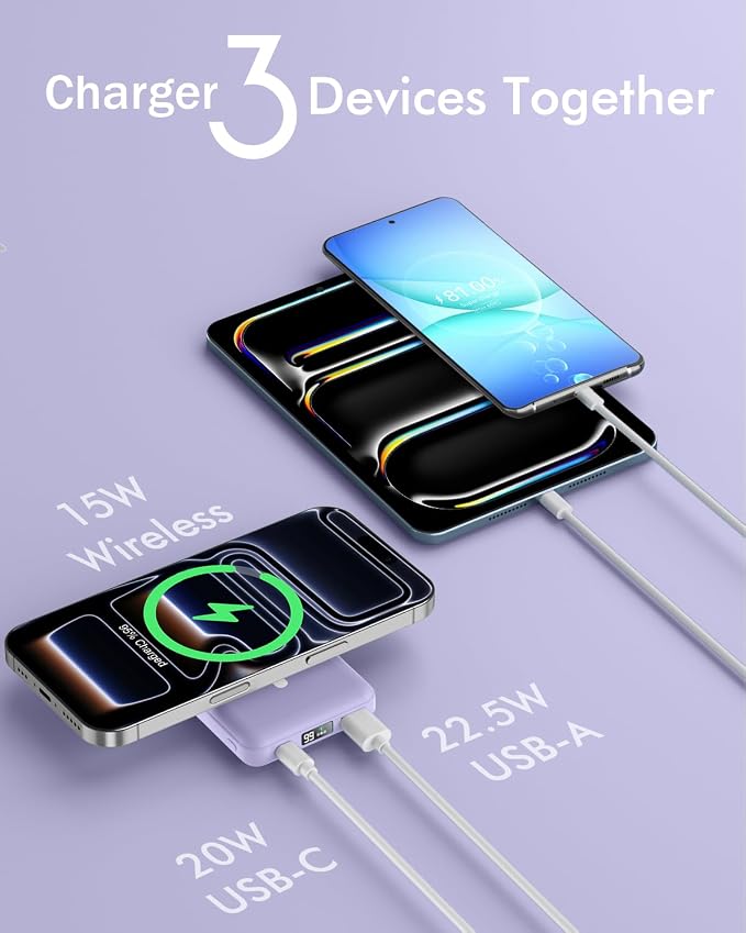 podoru for MagSafe Power Bank 10000 mAh, Foldable Magnetic Portable Charger | 22.5W PD Fast Charging, with USB-C Cable LED Display, Wireless Battery Pack for iPhone 17/16/15/14/13/12 Series-Light Purple - Image 5