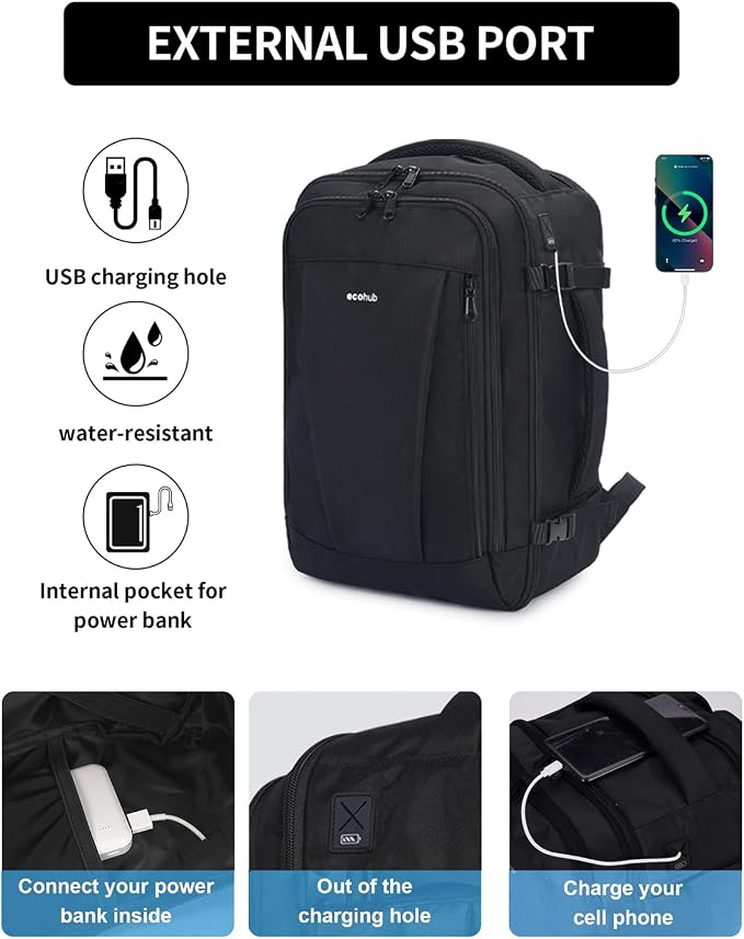 ECOHUB 17inch Travel Backpack Personal Item Bag Carry On Bag Men Women, Black | 16.7"x10"x8" Small Backpack with 13 Pockets Water Resistant Carry on Backpack with USB Port Luggage Sleeve for Men - Image 3