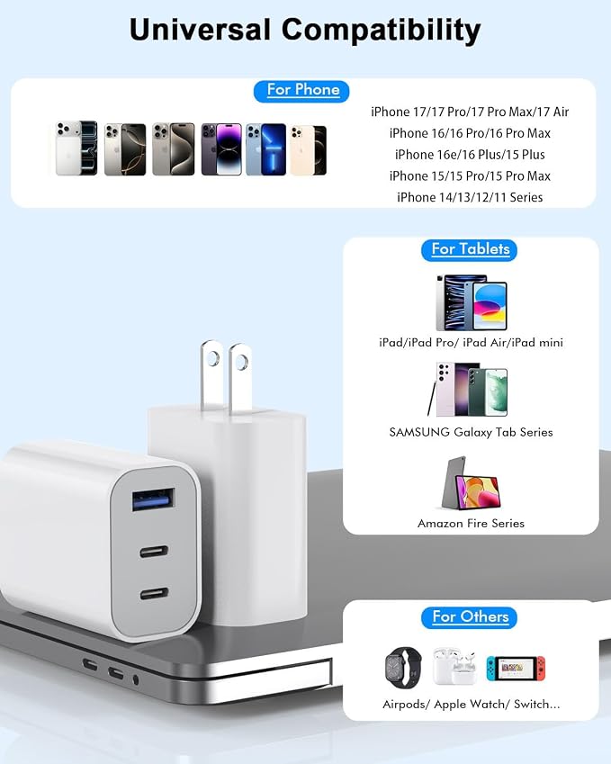 iPhone 17 Charger Block,[2Pack]3-Port Fast USB C Charger Block 35W Charging | Dual Port Block PD Fast Power Adapter + QC Wall Plug Multiport USBC Wall Charge for iPhone 17/17 Pro/17Air/16/16 Plus/15,iPad - Image 7