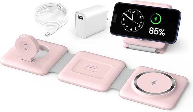 Charging Station for Apple Multiple Devices: 3 in 1 Foldable Magnetic Wireless Charger Stand - Travel Charging Dock Compatible with iPhone 17 16 15 14 13 12 Pro Max Plus Apple Watch AirPods by WirelessCharger