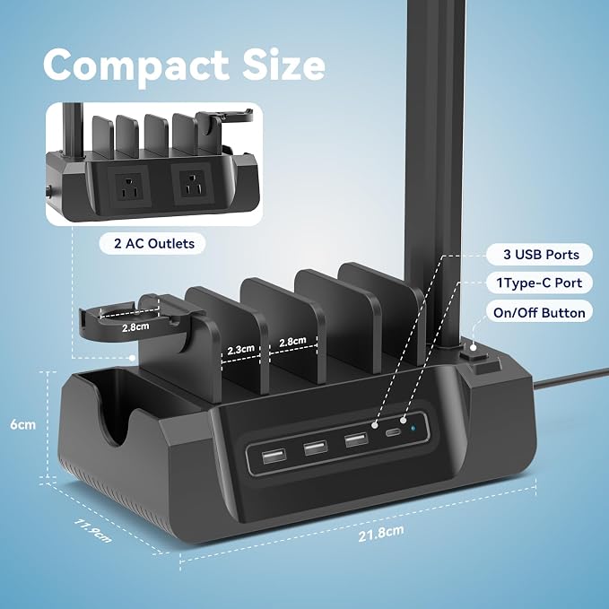 KDD Charging Station with 6 Charging Cables - Fast Charging 6 in 1 Cellphone Charging Dock with Headphone Stand and Watch Holder - 2 AC&USB A&USB C, Storage Station for Smartphone,Tablets, AppleWatch - Image 8