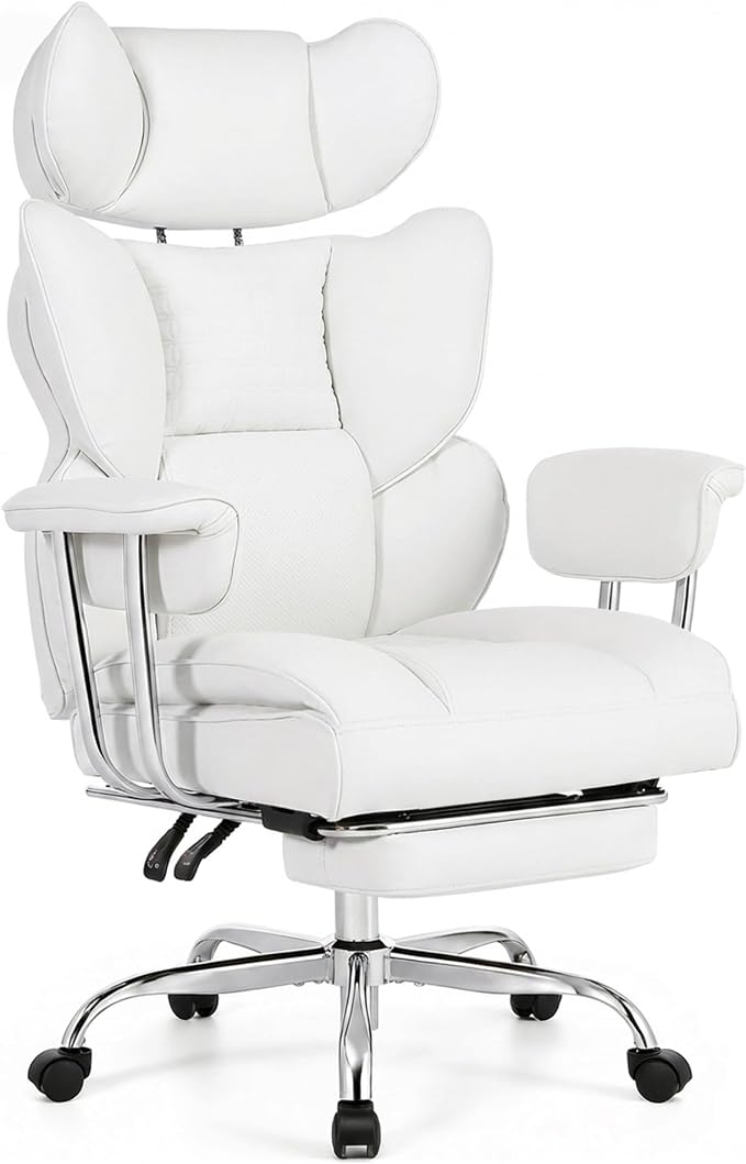 Big and Tall Office Chair 400 LBS, for Adults, Home Office | PU Leather, Executive Ergonomic Desk Chair with Footrest, Lumbar Support, Wide Seat ,Reclining, Beige by HAPPYMONTLLC