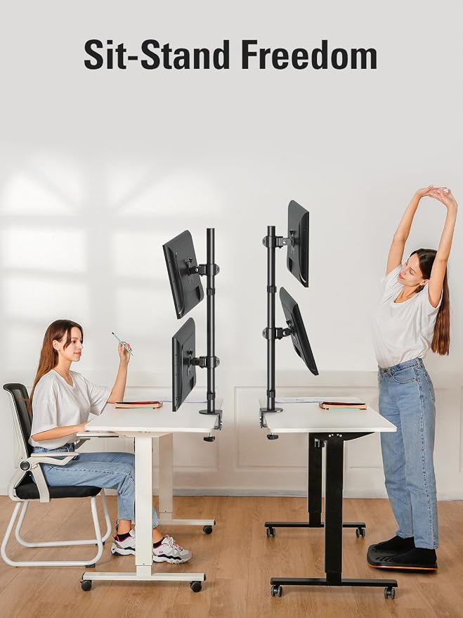 Stable Vertical Dual Monitor Stand, Stacked Monitor Mount for 2 Screens Up to 32 inch, Full Motion Monitor Desk Mount with Swivel, Tilt, Rotation, Holds 17.6 lbs Each, Max VESA 100x100mm - Image 2