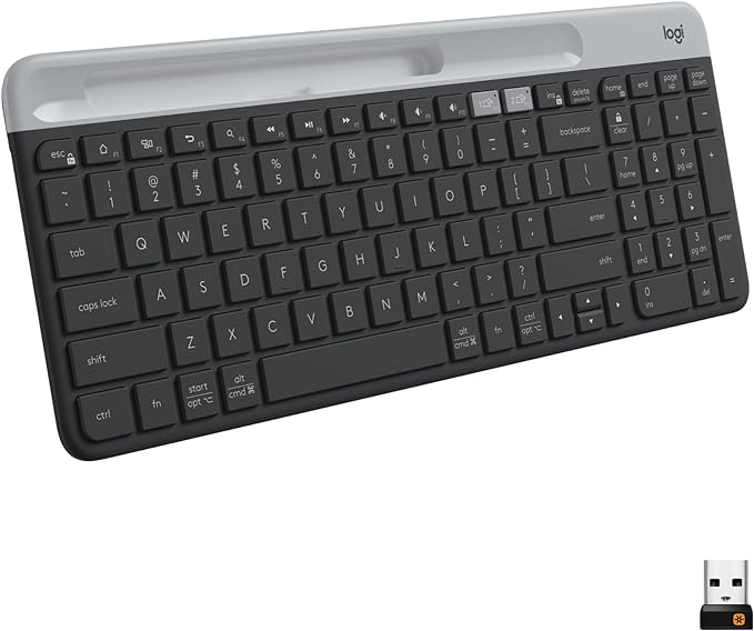 Logitech K585 Slim Wireless Keyboard with Built-in Phone Cradle - Graphite | Bluetooth with included USB receiver, connects 2 devices, cradle can hold smartphone or tablet up to 10 in. in landscape mode by Unknown