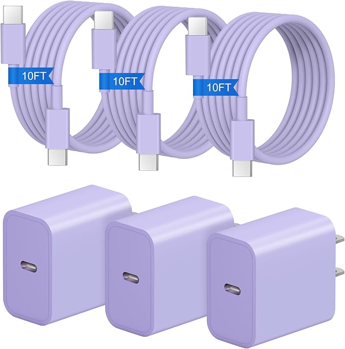 iPhone 17 16 15 Charger Fast Charging 3+3Pack 20W USB C Wall Charger with Extra Long 10FT Fast Charging Cable Compatible with iPhone 17/17 Air/17 Pro/17 Pro Max/iPhone 16/15 Series, iPad Pro-Purple by Coreykin