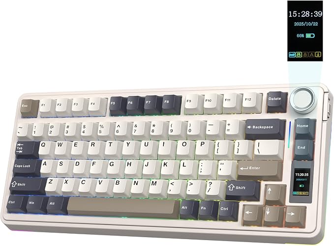 EPOMAKER X Aula EA75 MAX Wireless Gaming Keyboard with Screen & Knob | 5000mAh, Hot-Swap, Lubed Switches, RGB Backlit, Creamy Gasket, 75% Mechanical Keyboard (Retro White, Reaper Switch) by EPOMAKER