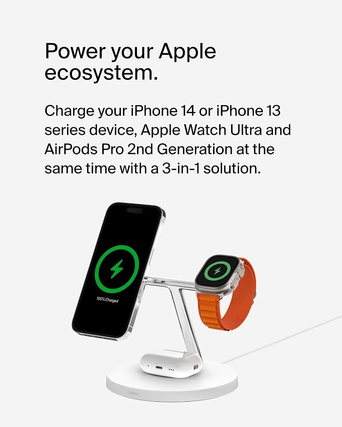 Belkin MagSafe 3 in 1 Wireless Charging Stand, 2nd Gen, 33% Faster | Apple Watch, iPhone 16/15/14, AirPods compatible, multi-device charging station, faster charging, Magnetic - Image 2